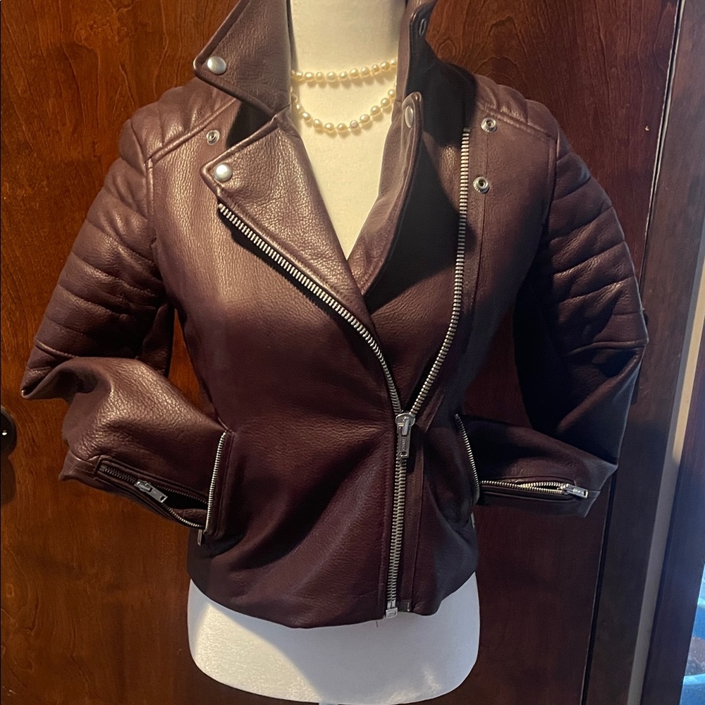GAP Women's Deep Burgundy Leather Moto Jacket with Silver Hardware